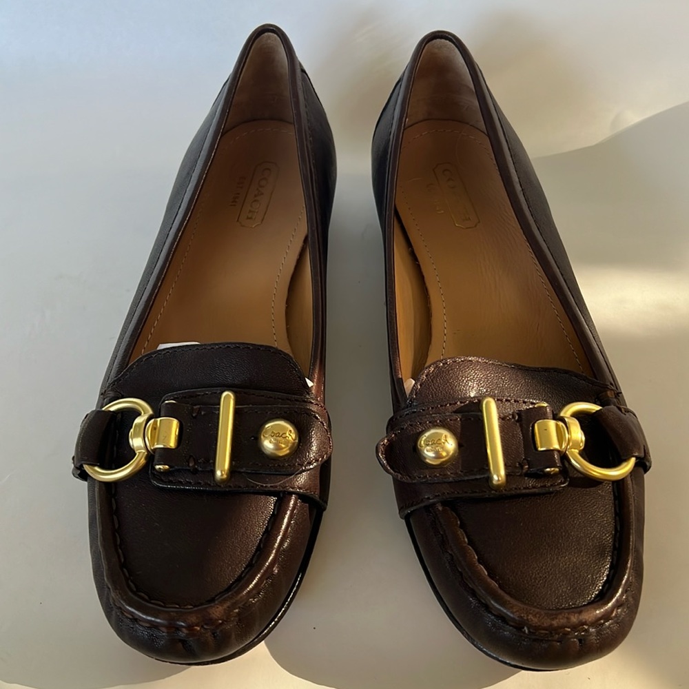 EUC Coach Elkie Dark Brown Loafers with Brass Accents